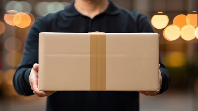 Person hands holding cardboard box with tape showing package delivery front of blurred background with warm lights and bokeh