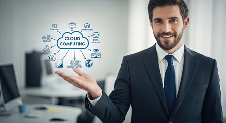 Businessman presenting cloud computing concept with digital network diagram