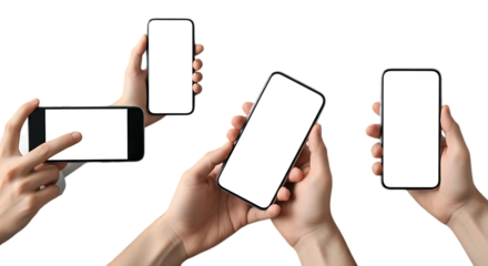 Four hands holding smartphones with blank white screens for copy space isolated on a transparent background