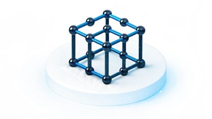 frozen crystal lattice model 3D model of a cube structure made of interconnected spheres on a circular base.