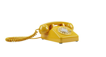 Pristine vibrant yellow vintage-style telephone handset with coiled cord on a light grey plinth against a transparent background, minimalist studio, modern communication concept