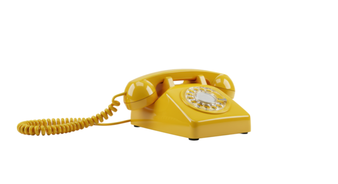 Pristine vibrant yellow vintage-style telephone handset with coiled cord on a light grey plinth against a transparent background, minimalist studio, modern communication concept