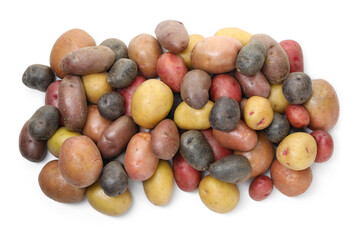 Different types of potatoes isolated on white, top view