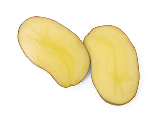 Cut fresh ripe potato isolated on white, top view