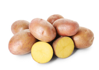 Whole and cut fresh potatoes isolated on white