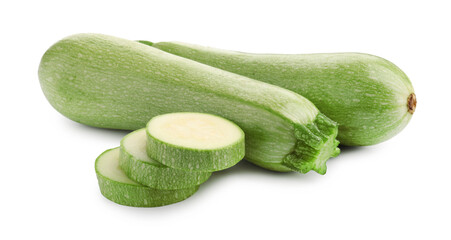 Fresh whole and cut zucchinis isolated on white
