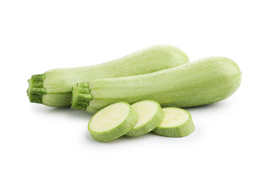 Fresh whole and cut zucchinis isolated on white