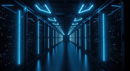 Futuristic neon blue sci fi tunnel with reflective floor