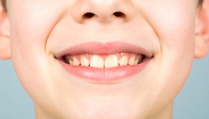 Obraz premium Close-up view of a child's smiling mouth and healthy teeth against a soft pastel background.