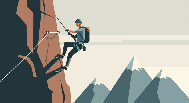 A stylized illustration of a climber rappelling down a sheer cliff. The minimalist design and muted color palette emphasize the solitary focus required against a vast, mountainous backdrop.