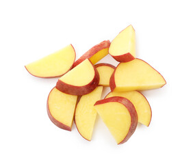 Pieces of fresh red potatoes isolated on white, top view