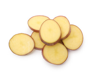 Pieces of fresh red potatoes isolated on white, top view