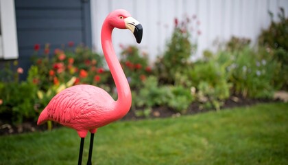 Pink plastic flamingo lawn ornament stands in a garden before a house