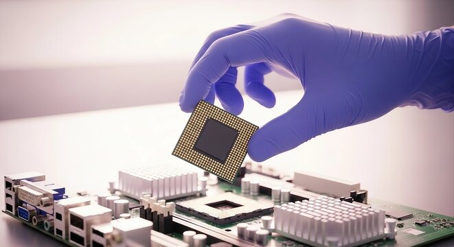 Hand in protective glove holding a computer chip over a motherboard