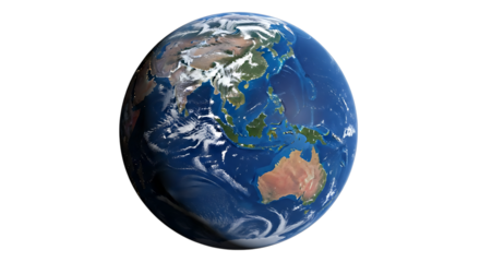 Detailed view of planet Earth showing Asia and Australia continents from space isolated on a transparent background