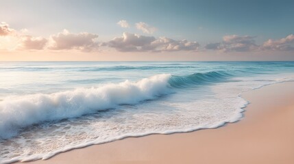 Fototapeta premium A single wave breaking gently against a pale sandy beach