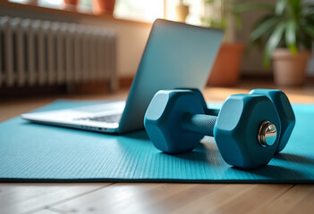Dumbbells on floor with laptop and fitness mat fitness tutorial sport equipment weightloss healthy lifestyle concept.
