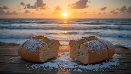 Freshly baked bread on rustic wooden table with flour dusting Sunset over ocean waves, golden