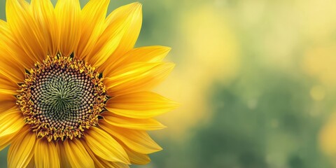 Obraz premium The Sunflower Closeup With Vibrant Golden Petals Against Soft Green Bokeh Background