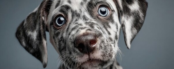 Dalmatian dog with surprised face concept. Adorable spotted puppy with expressive blue eyes looking curiously.