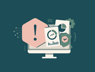 Cybersecurity analytics dashboard reveals threat detection and data visualization insights through charts, locks. User activity monitoring, cybersecurity and web security strategy vector illustration