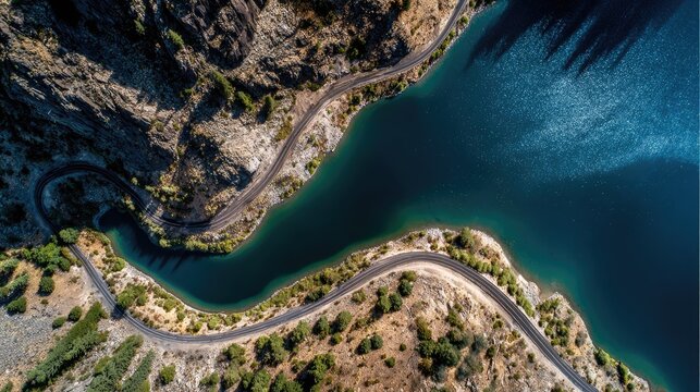Aerial view of winding road by a turquoise lake, nestled in rugged mountains