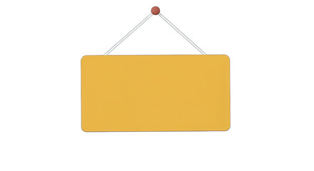 Empty yellow rectangular sign hanging by white string on black with transparent background ready for customization
