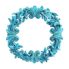 Intricate blue floral design in a circular frame with elegant swirls.