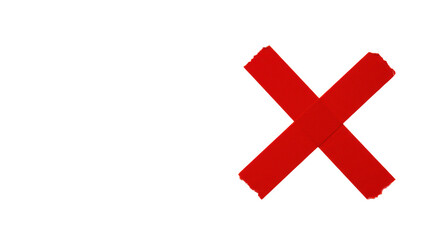 Obraz premium A single, bold red 'X' mark, matte adhesive tape texture, on a transparent surface with ample copy space, high-key studio flat lay shot, concept of clarity and decisive action