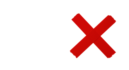 A single, bold red 'X' mark, matte adhesive tape texture, on a transparent surface with ample copy space, high-key studio flat lay shot, concept of clarity and decisive action