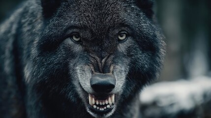 Werewolf face closeup black wolf concept. Close-up of a fierce wolf showcasing its sharp teeth and intense gaze.