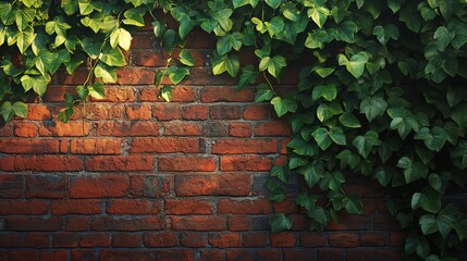 Vibrant ivy climbing a rustic brick wall.