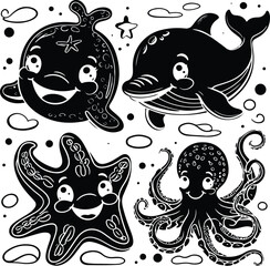 Cute sea animal line art doodle set, bold thick outline, smiling whale, dolphin, starfish, octopus, kids cartoon style, black and white vector illustration for coloring book 3.
