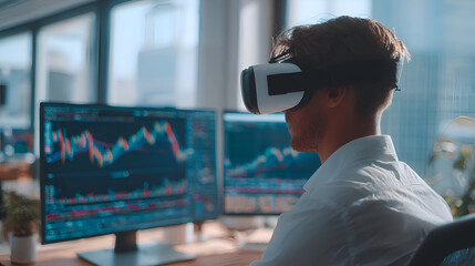 Immersive virtual reality experience for financial trader analyzing complex market data on futuristic digital interface