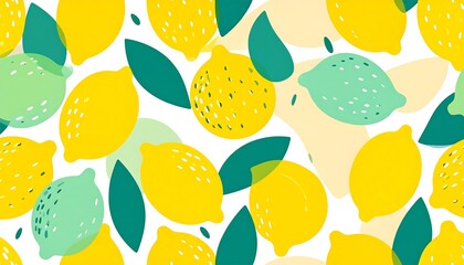 A cheerful, vibrant pattern features stylized lemons and limes, interspersed with textured leaves, creating a summery and refreshing visual theme.