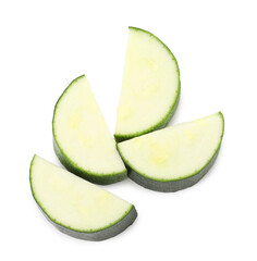 Pieces of fresh zucchini isolated on white, top view