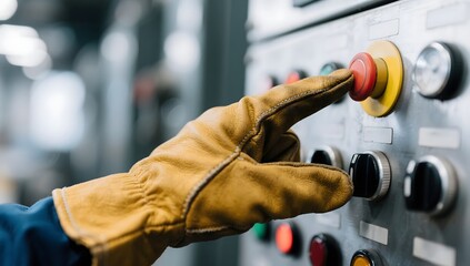 Pressing emergency stop button industrial safety control panel machine operation hand