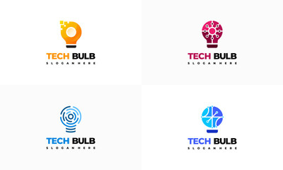 Set of Modern Tech Bulb logo designs concept, Pixel Technology Bulb Idea logo template