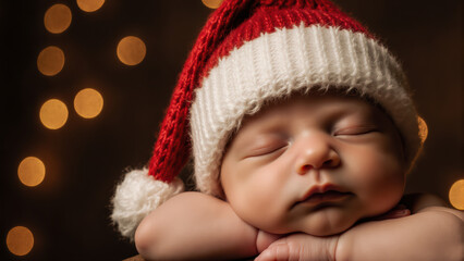 Baby in knitted Santa hat sleeps peacefully in closeup. Golden bokeh lights create a magical and festive atmosphere.