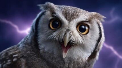 Shocked owl reacting in surprise concept. A close-up of a majestic owl with striking features and expression.