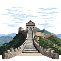Obraz premium Decorative flat vector artwork of Great Wall of China, symbolizing history, culture, travel and architecture, a modern illustration merging iconic Chinese landmark with decorative vector landscape