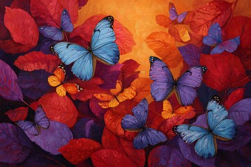 Butterflies in vibrant shades of orange, purple, and blue gracefully flit among fiery red and orange leaves, capturing the essence of a peaceful autumn day.