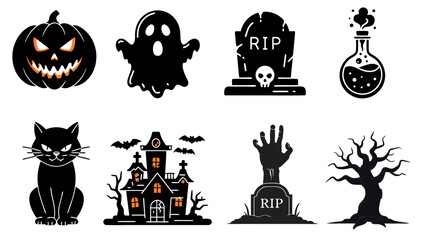 Collection of Spooky Halloween Icons Featuring Ghosts, Pumpkins, Cats, and Haunted Scenes