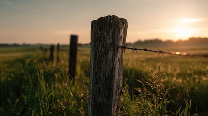 Rustic wooden fence post at sunrise