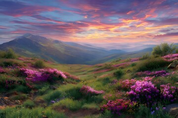 Vibrant purple flowers bloom on rolling hills at sunset.