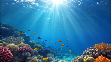 Naklejka premium Underwater coral reef scene illuminated by amazing sunlit rays penetrating crystal-clear blue water, vibrant corals in dazzling colors, and shimmering schools of tropical fish creating a breathtaking