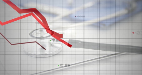 Blending stethoscope chest piece with coin stacks and pen resting on desk, with data overlay