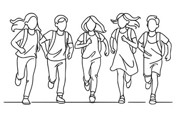 Energetic children running together with backpacks, concept of friendship and school days