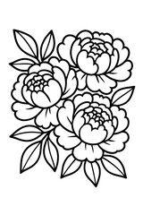 Black and white line art illustration of blooming peony flowers with detailed leaves. Elegant floral sketch design perfect for coloring books, tattoo design, decorative patterns, prints, and digital