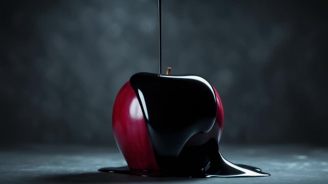 Black liquid drips down red apple